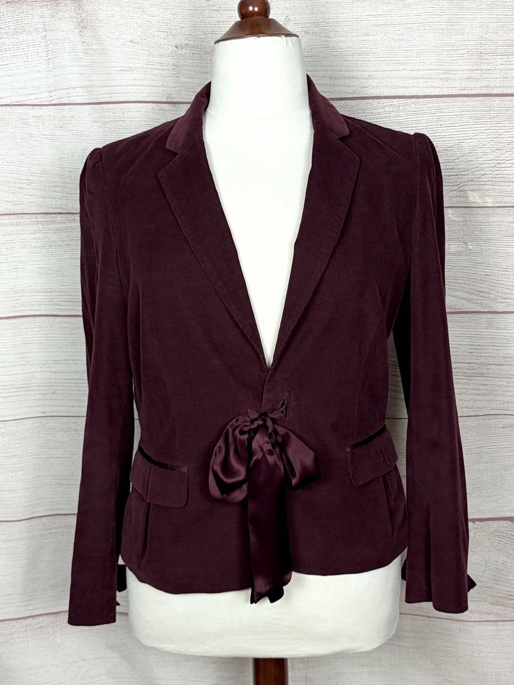 Emanuel Ungaro Wine Corduroy Jacket Satin Bow Tie Front & Sleeves Romantic L
